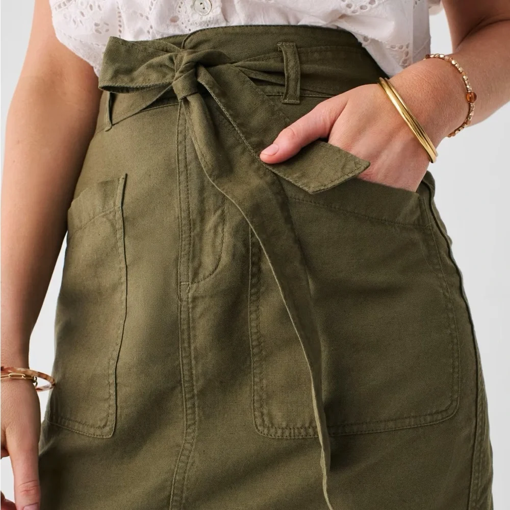 Faherty Brand Military Green Belted Tie Waist Linen / Cotton Palos Verdes Skirt